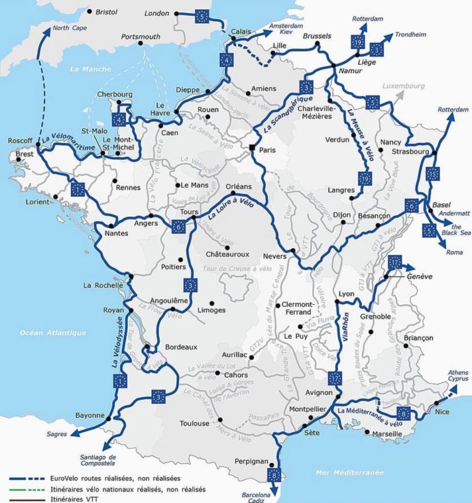 Plan du réseau d'itinéraires cyclables longue distance en Europe - France Vélo Tourisme